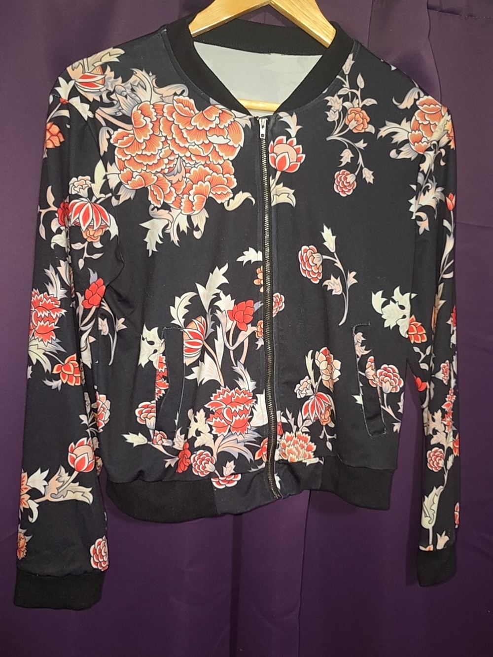iris Black Bomber Jacket with Coral Floral Print
